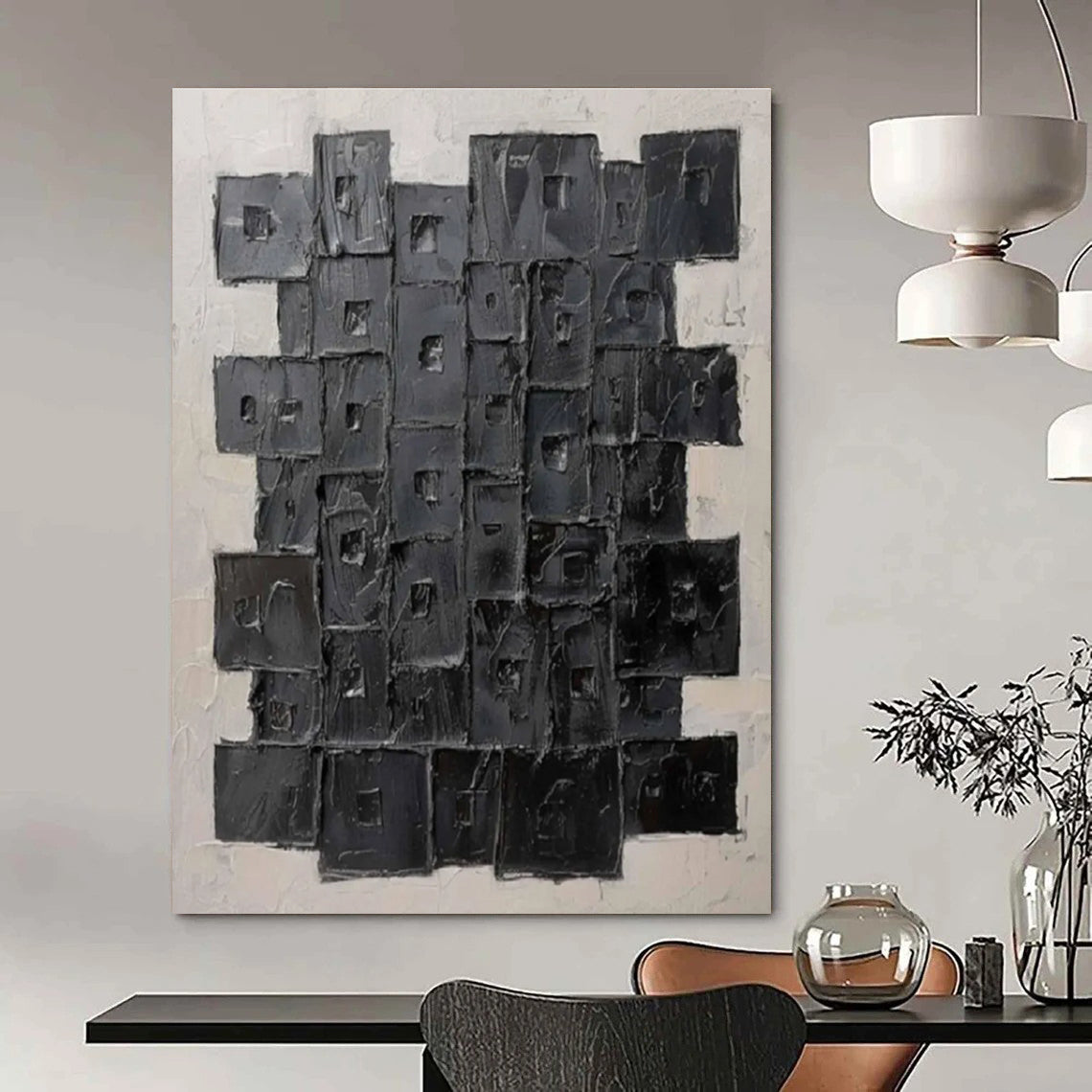 Black Squares Abstract Painting with 3D Textures ADGE488