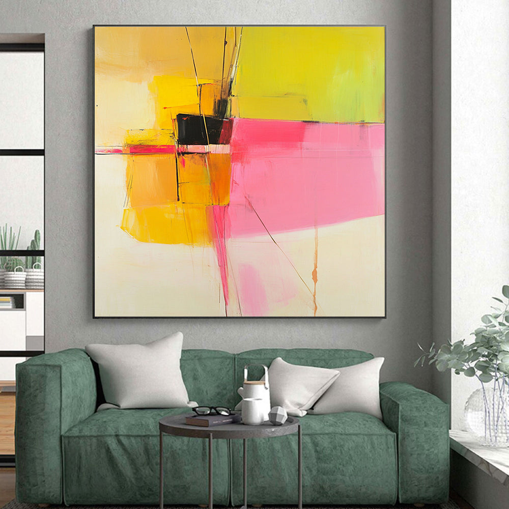 Yellow Pink and Black Abstract Painting with Geometric Forms GER692