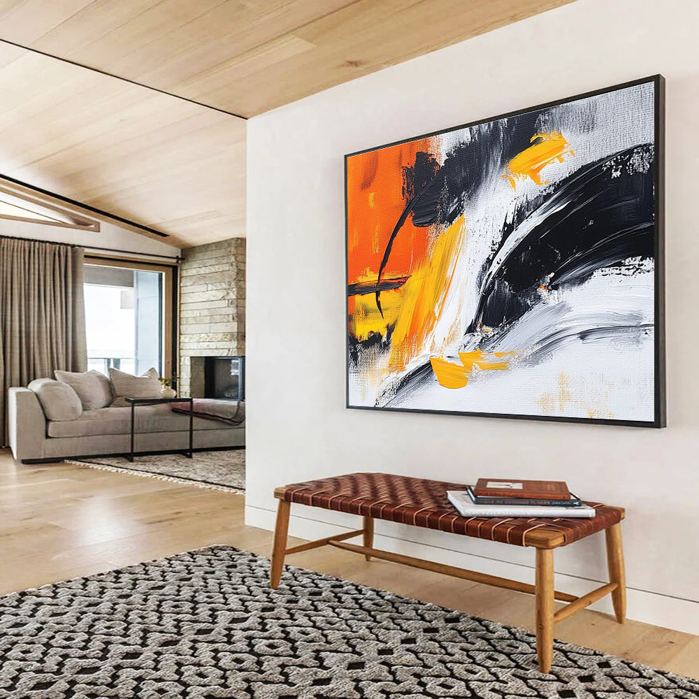 Orange Yellow Black Abstract Painting with Dynamic Brushstrokes DYP301