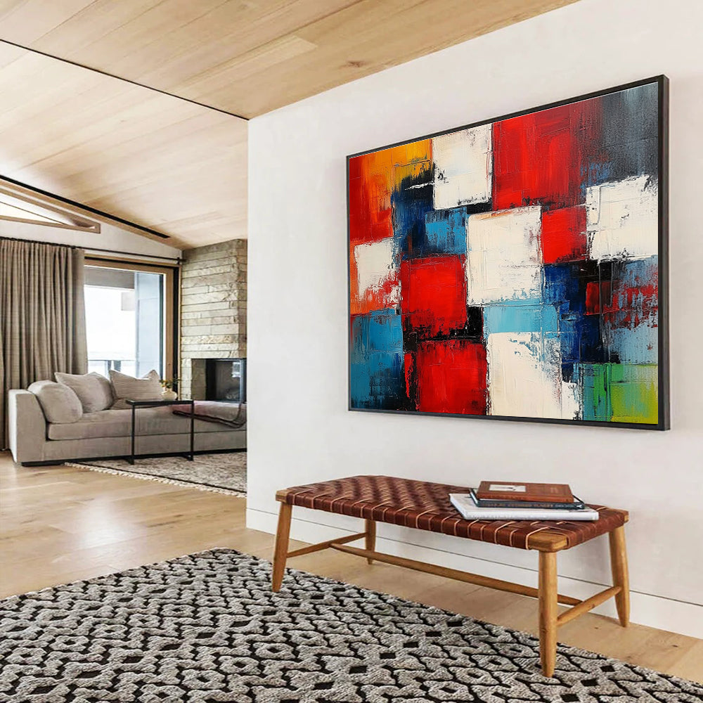 Colorful Square Abstract Painting with Red Blue and White DYP505