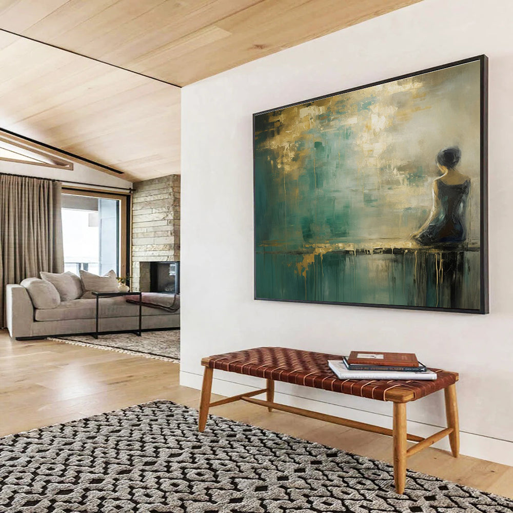 Teal and Gold Tones Figure - in - Landscape Abstract Painting THY086