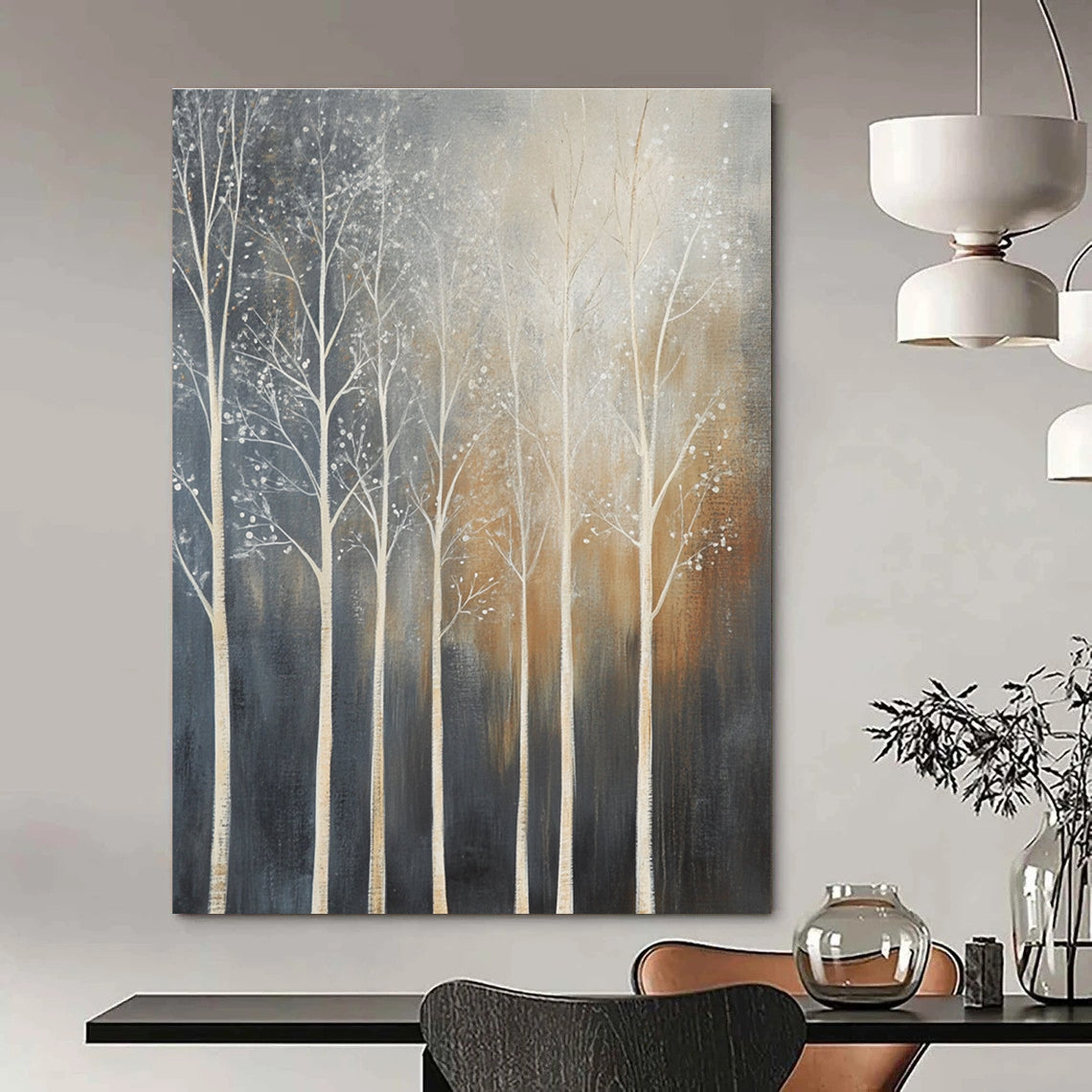 Large abstract painting of trees with white branches set against a dark gray background featuring muted tones and low contrast.STSC354