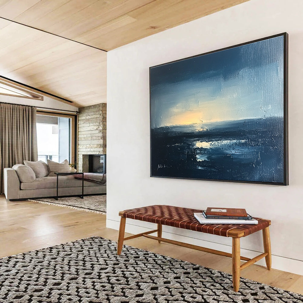 Large abstract landscape oil painting of a night sea with blue gray and black hues featuring soft light and detailed brushstrokes.SC068