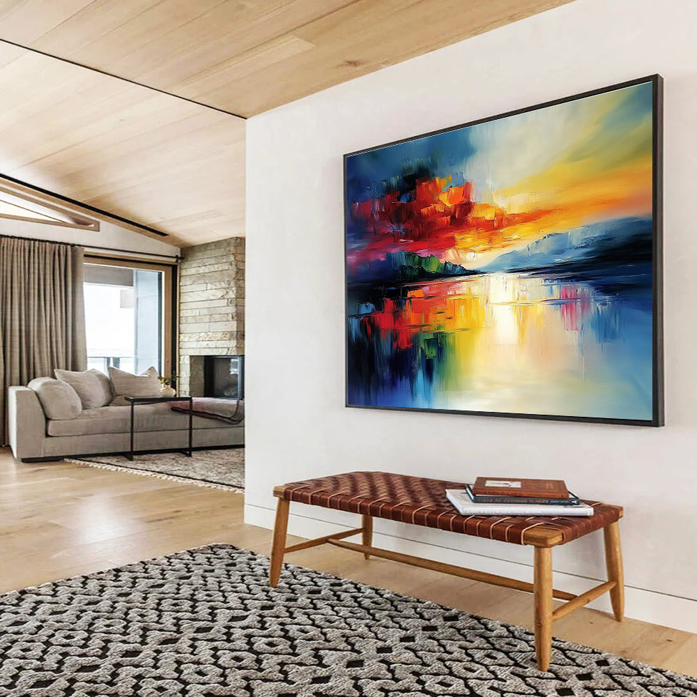 Bold Color Block Sunset Abstract Painting with Vivid Reds Oranges and Blues DYP236