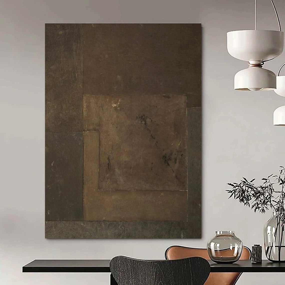 Brown Patchwork Abstract Painting with Textured Squares ADGE487