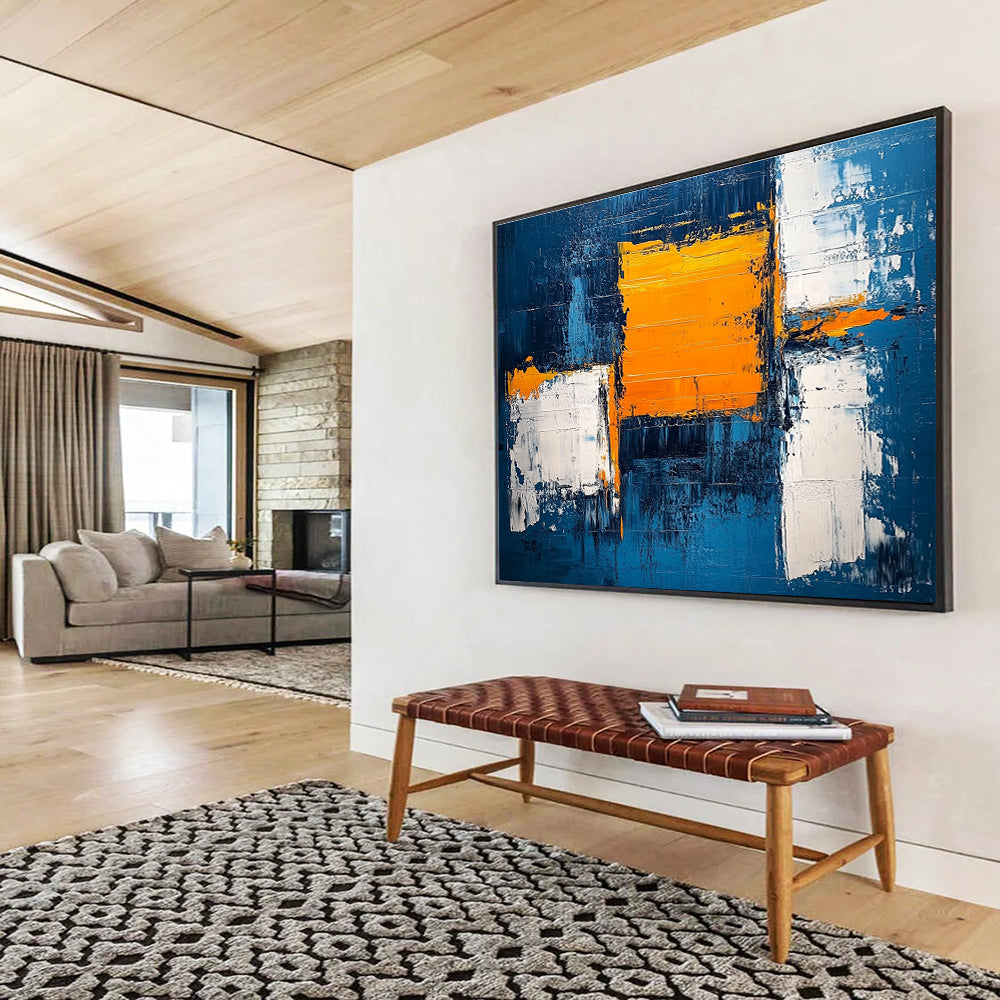 Blue and Orange Abstract Painting with Textured Color Blocks DYP382