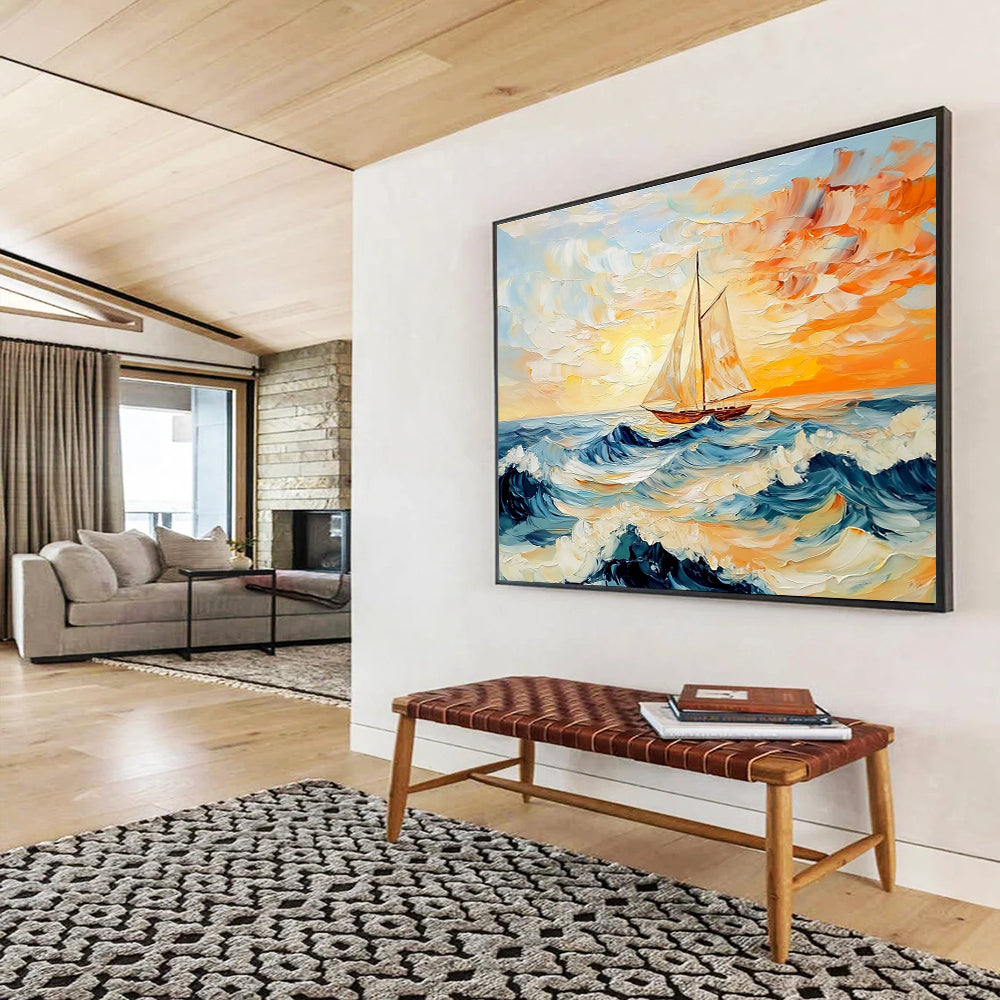 An abstract painting of the sea features an old sailboat at sunset with vibrant orange and blue hues and dynamic waves, inviting oceanic tranquility.SC419
