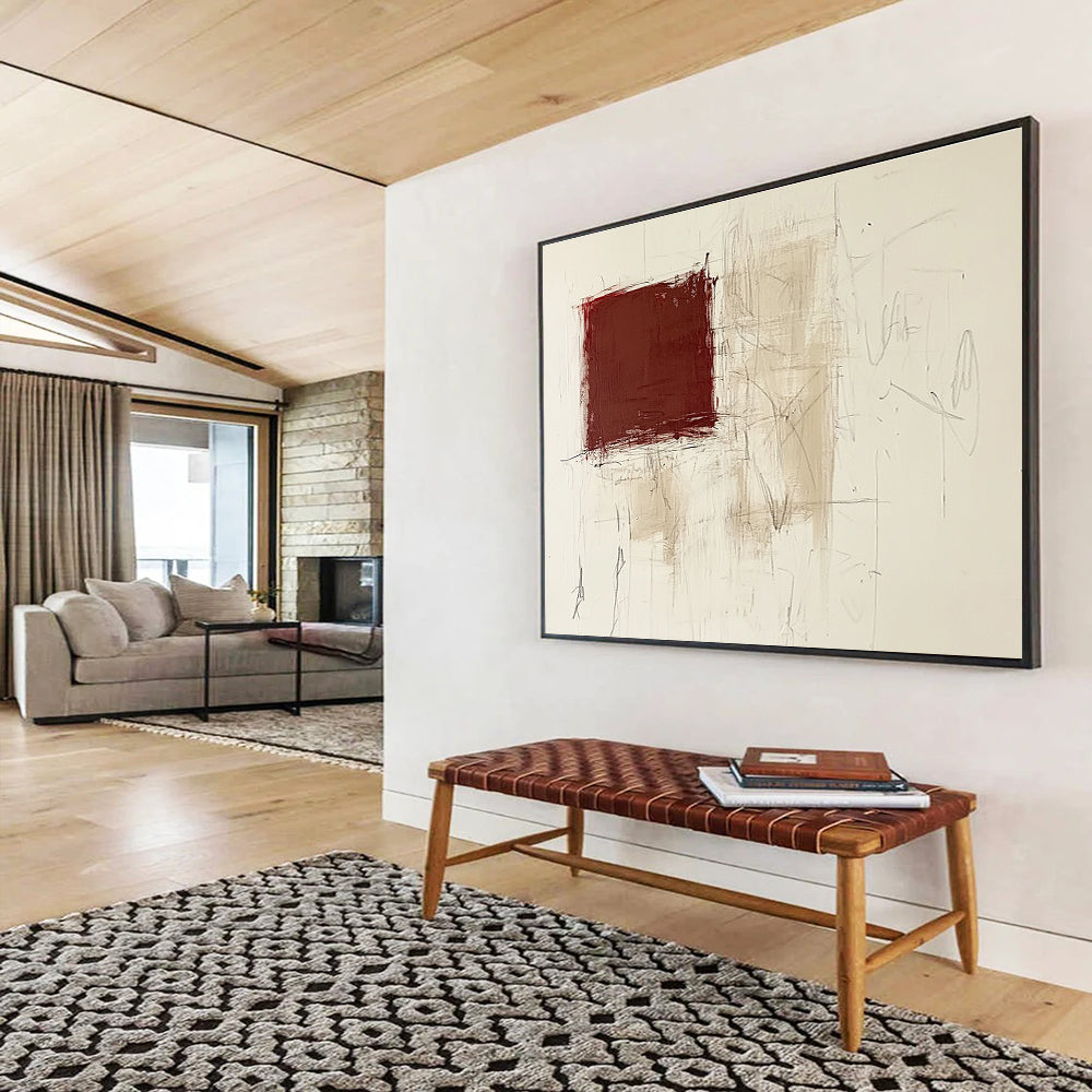 Red and Beige Textured Abstract Painting with Sketchy Lines DYP143