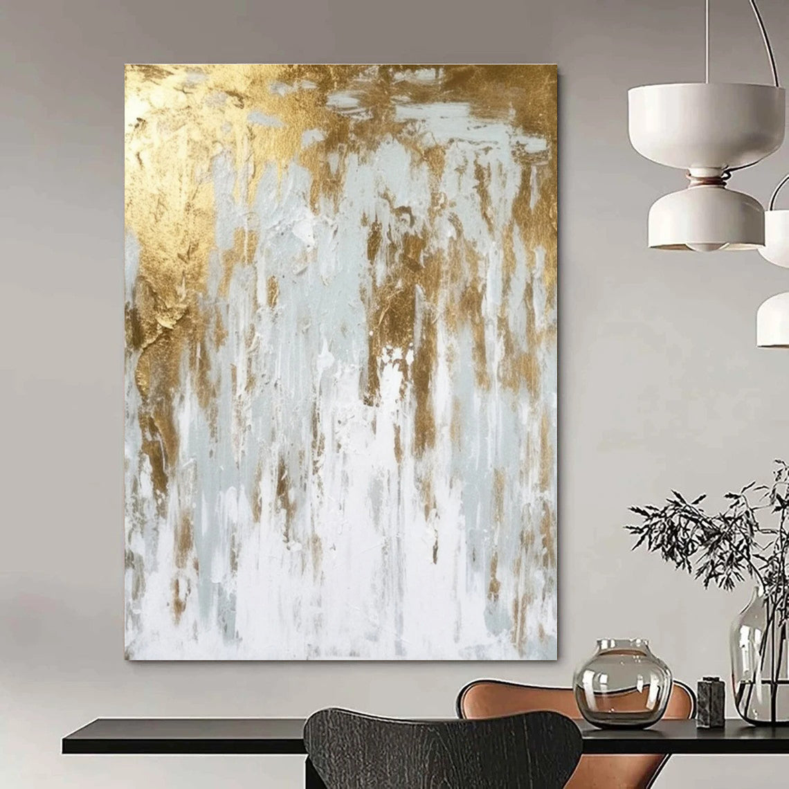 Gold and White Abstract Painting with Cascading Textures ADGE074
