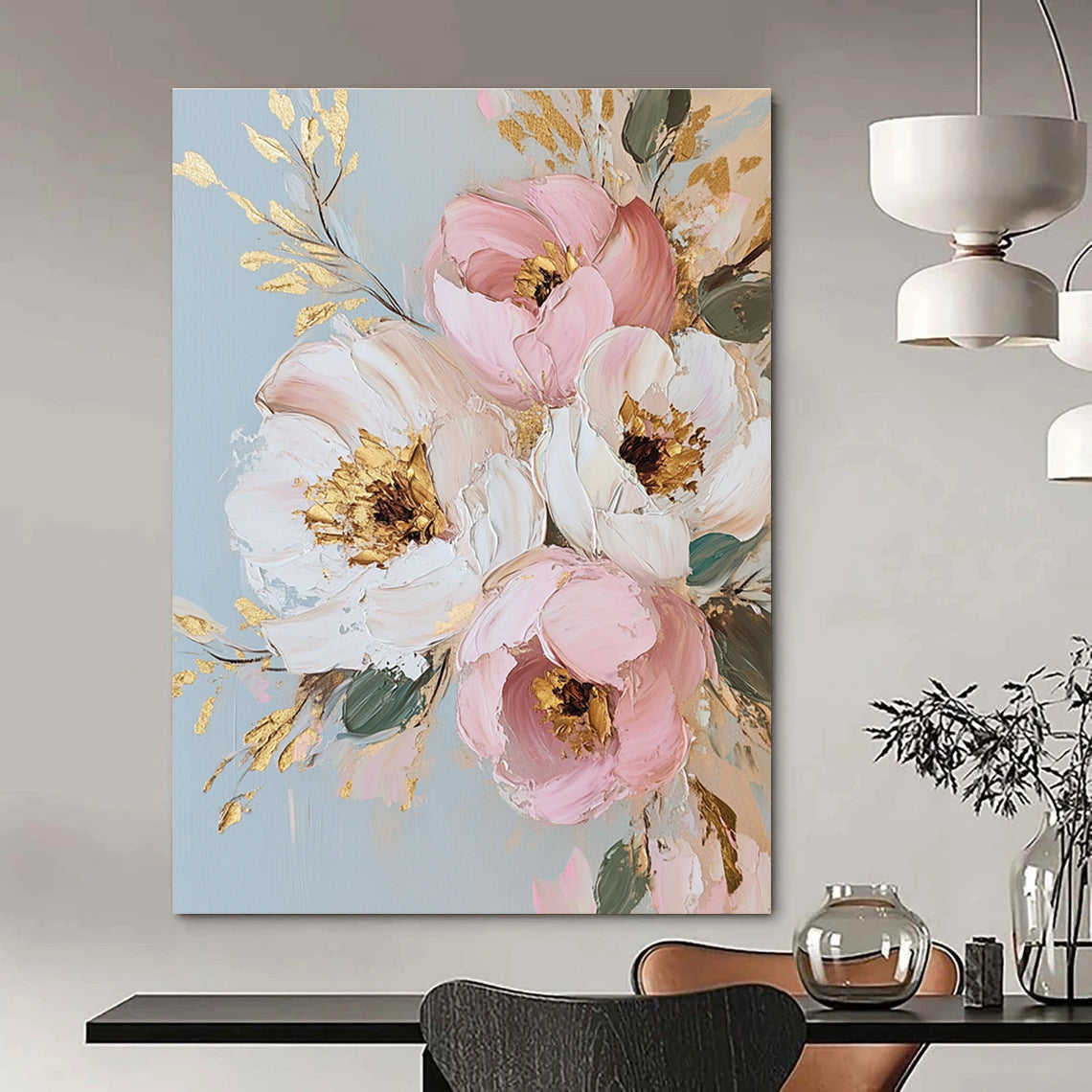 Large abstract painting featuring light pink and gold flowers on a light gray background with exquisite details and a white and cream style.STSC1375