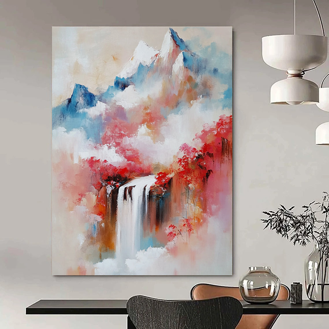 Large Abstract Oil Painting Featuring Mountains Waterfalls and Misty Atmosphere in Shades of Red and Pink With Delicate Brushstrokes.STSC171