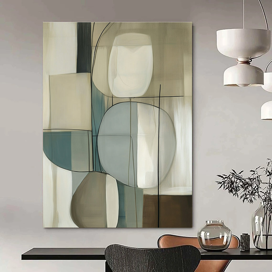 Large abstract painting with geometric forms in soft beige and cream shades featuring smooth textures and elegant negative space.STSC1321