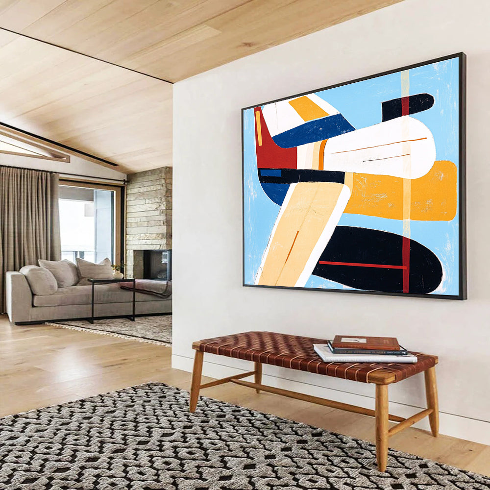 Large abstract painting of an airplane with bold lines and vibrant colors including blue, red, yellow, and orange in the style of Mary Blair.SC040