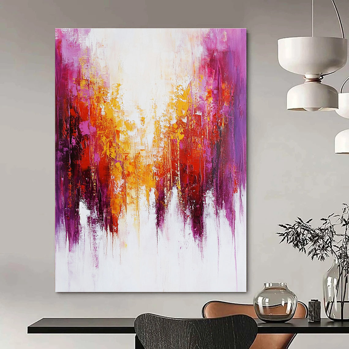 Large abstract painting featuring soft red and purple brushstrokes with hints of yellow and dripping paint on a white background.STSC416