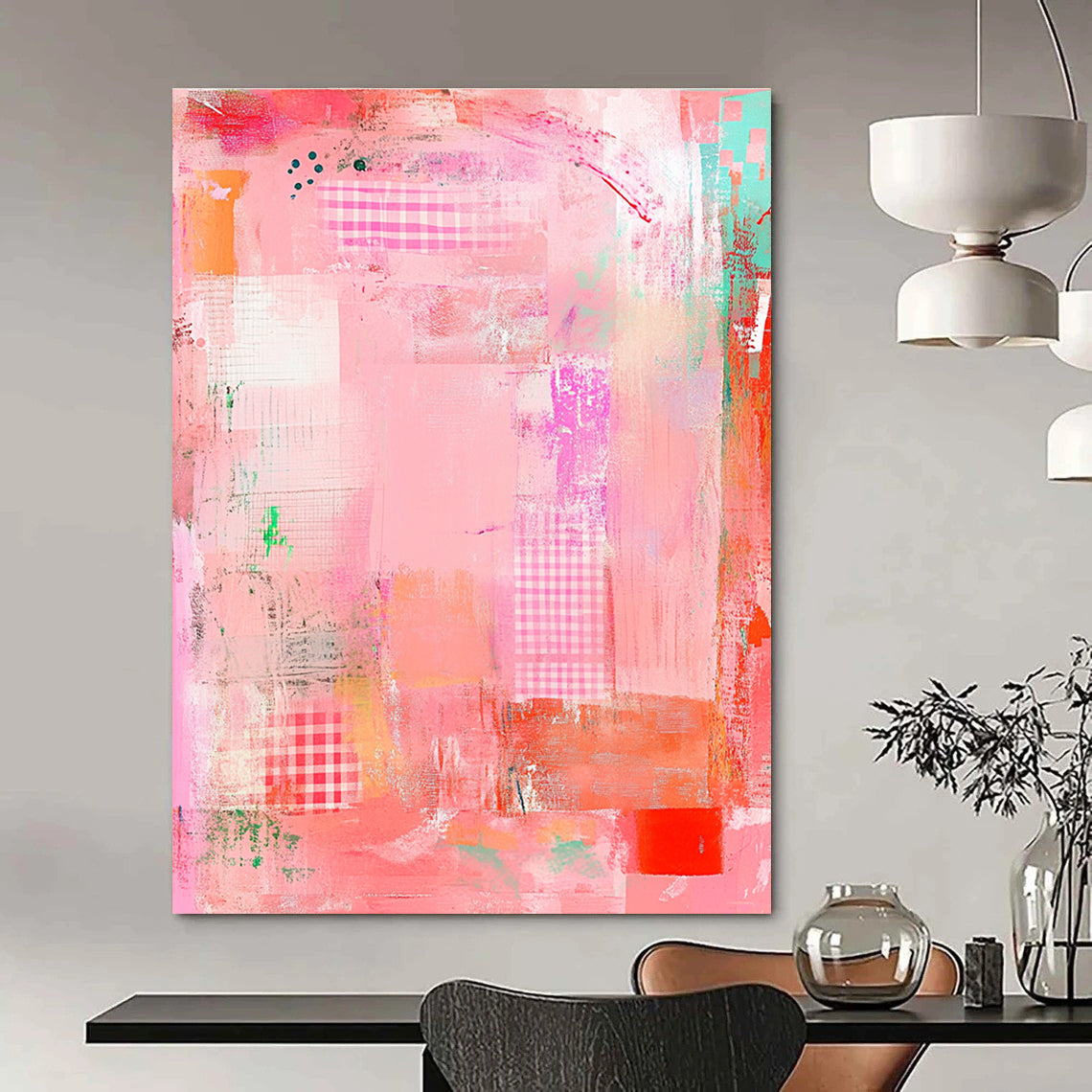 Large abstract painting featuring a pink background with whimsical patterns soft textures and a playful border creating a sense of artistic freedom.STSC830
