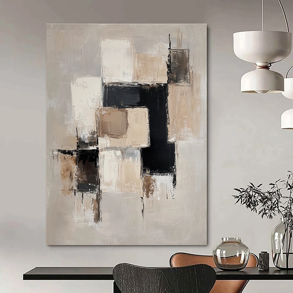 Large abstract painting with beige and white blocks black accents and soft edges on a light gray background creating an elegant minimalist feel.STSC220