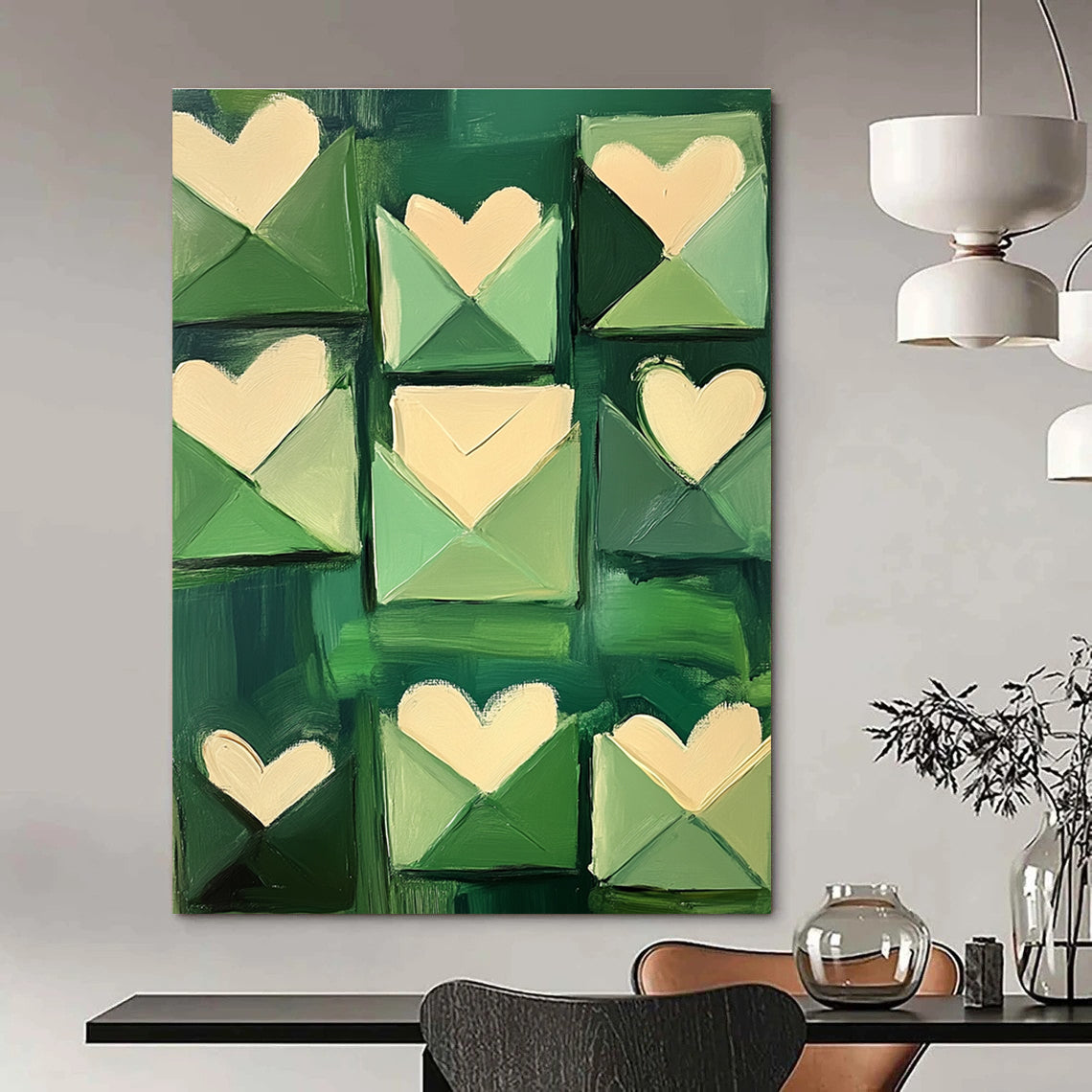 Abstract painting of green envelopes with love letters in shades of emerald and soft pink creating a romantic impressionist atmosphere.STSC1391