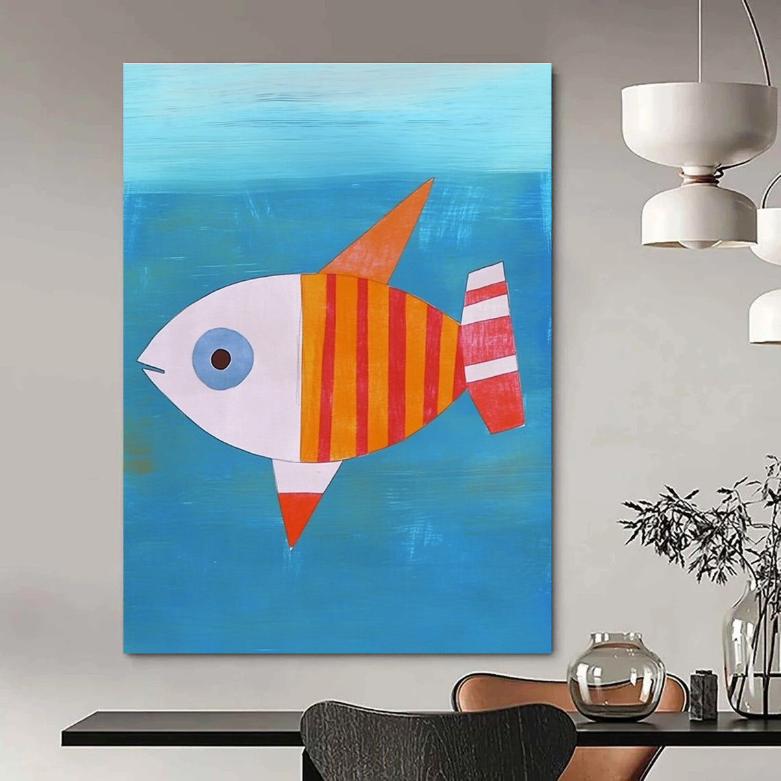 A large abstract painting featuring a flat illustration of a fish with an orange-red body and white stripes swimming in blue water.STSC995