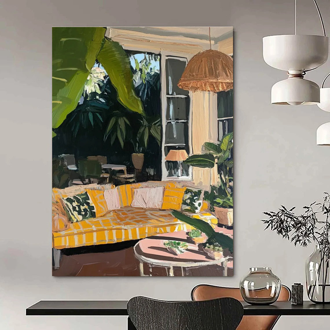 Indoor Outdoor Living Scene Painting with Warm Yellow Tones ADGE435