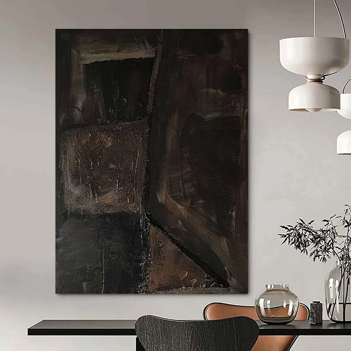 Dark Textured Patchwork Abstract Painting with Earthy Browns ADGE497