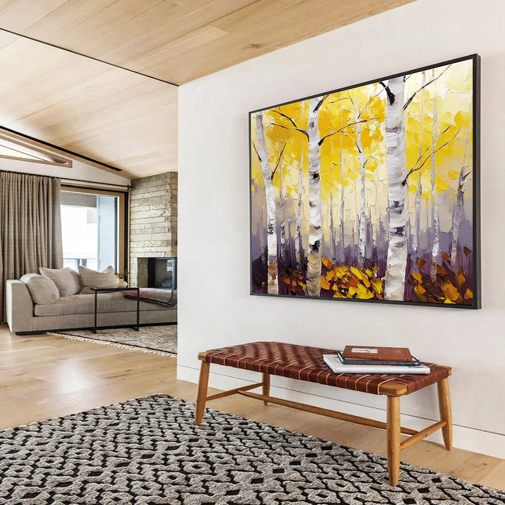 Large abstract painting of birch trees with vibrant yellow leaves featuring textured palette knife details and thick brush strokes on canvas.SC407