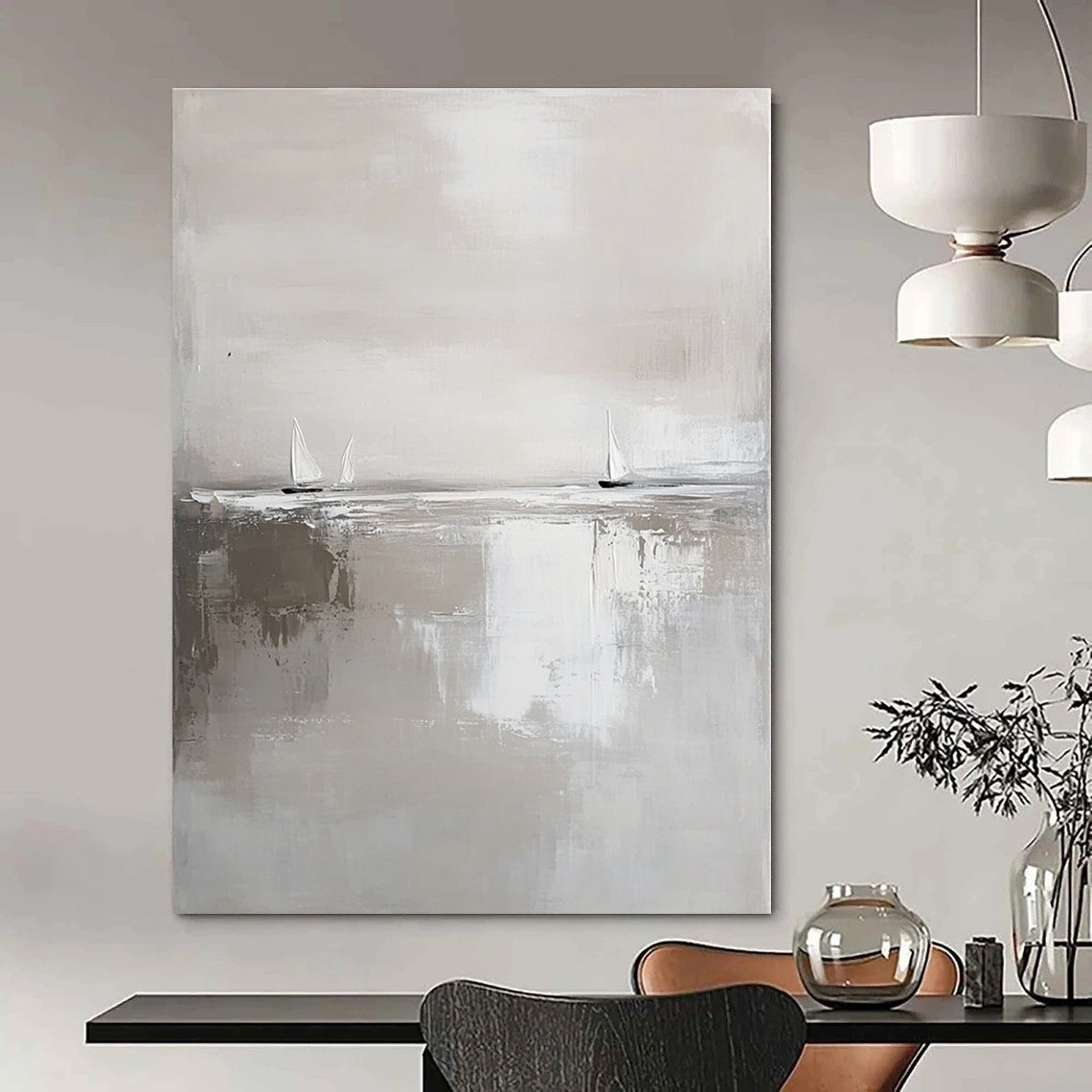 Large abstract painting in white and gray featuring calm waters and distant sailboats in a minimalist style with neutral tones.STSC359