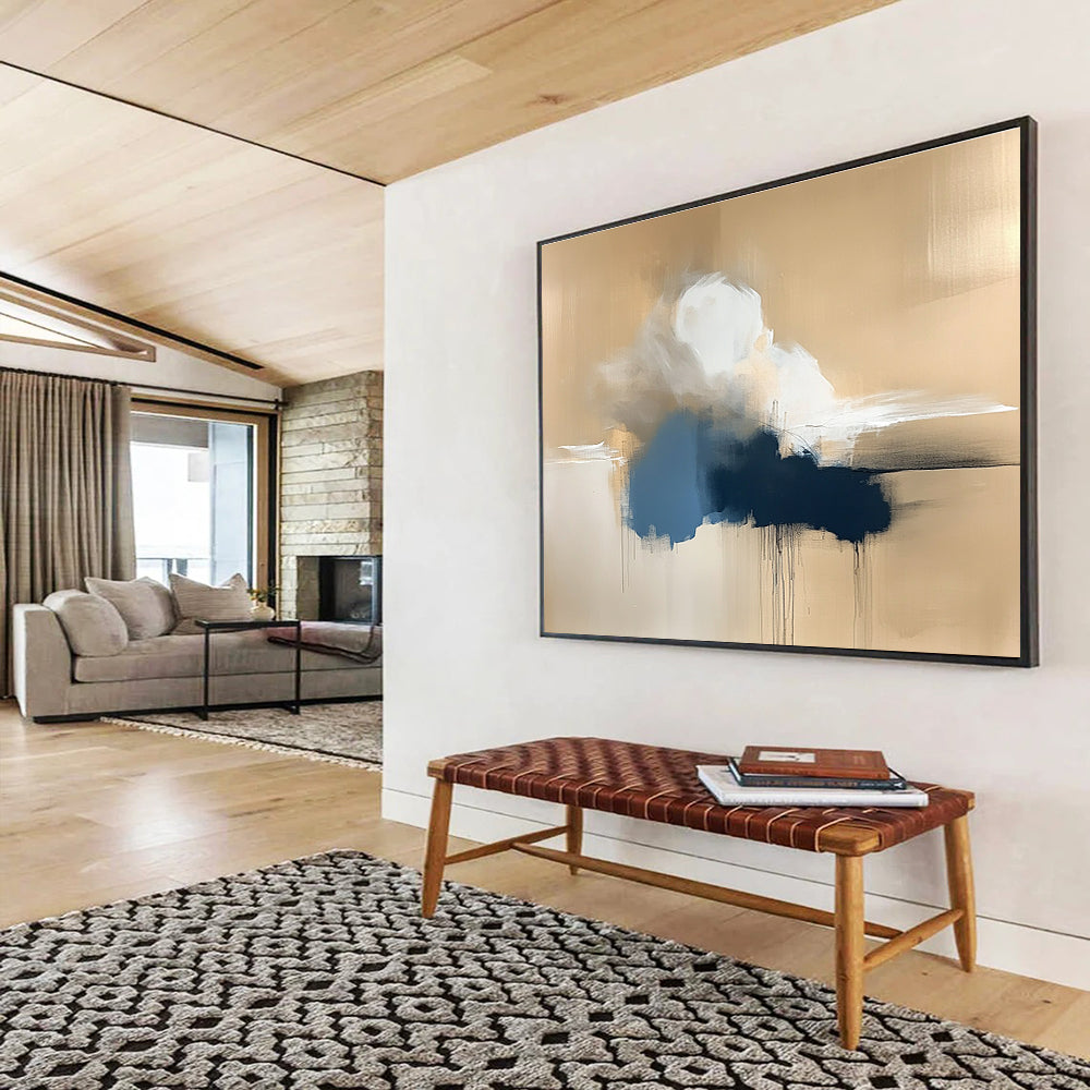 Gold and Blue Cloud Abstract Painting with Dripping Textures DYP319