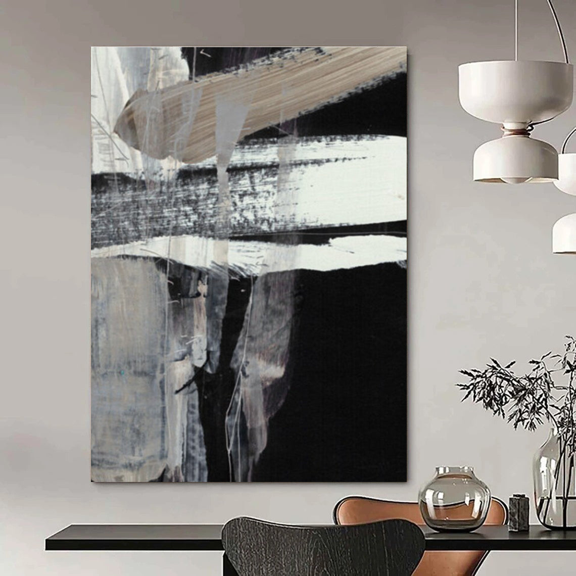 Black and White Abstract with Bold Brushstrokes Painting ADGE193