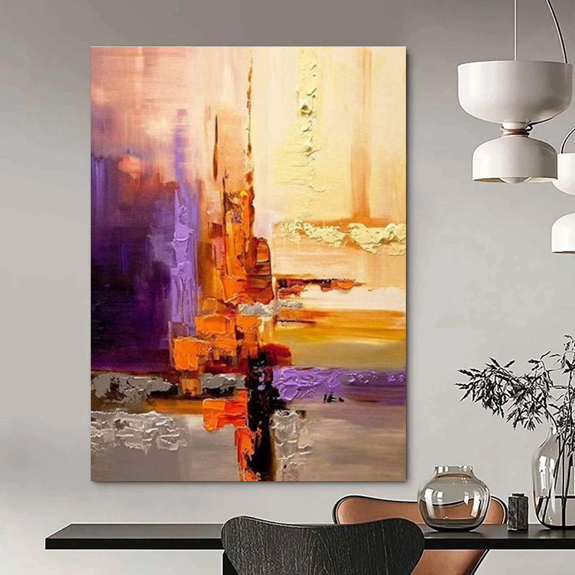 Purple and Orange Abstract Painting with Geometric Shapes ADGE278