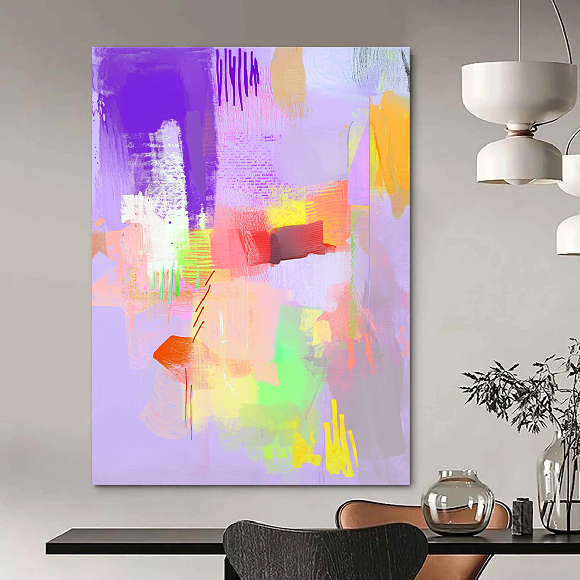Large abstract painting features light pastel colors and joyful textures, creating an uplifting and aesthetically pleasing atmosphere.STSC545