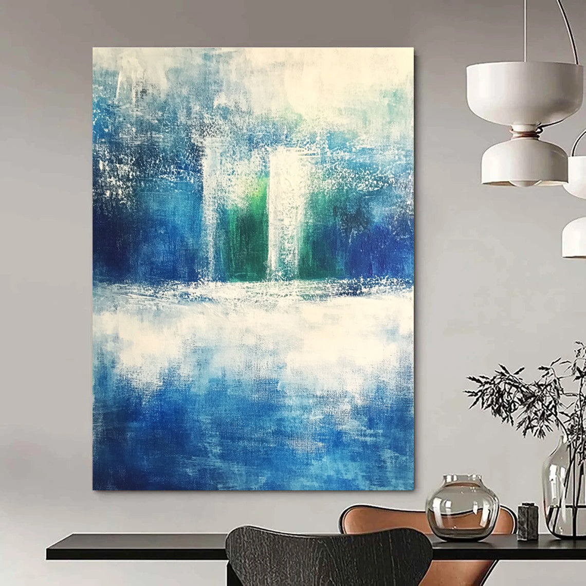 Large abstract painting evoking serene nature with shades of blue green gray and white featuring dynamic brushstrokes of rolling hills and waves.STSC368