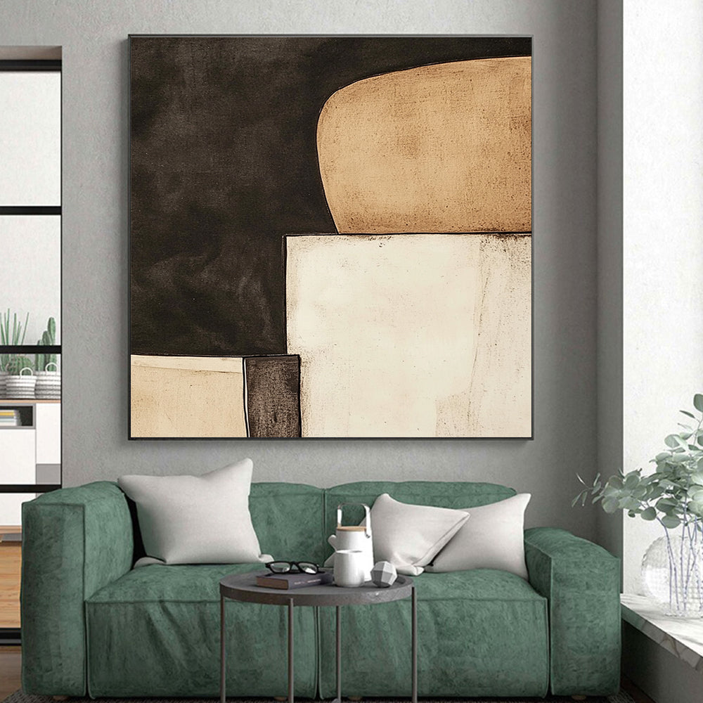 Black and Beige Abstract Painting with Minimalist Forms GER057