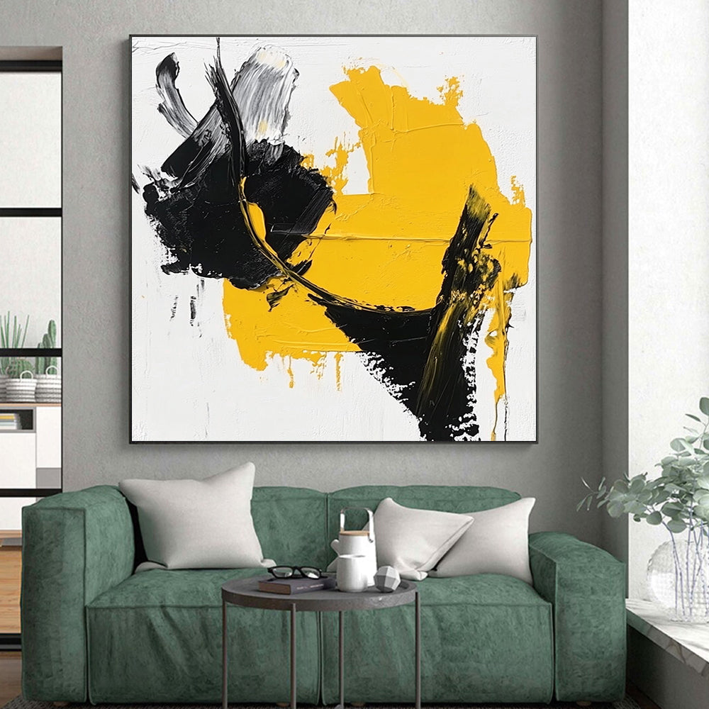 Yellow Black White Abstract Painting with Bold Shapes GER742