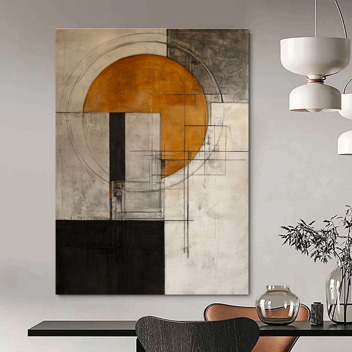 Abstract painting featuring an orange circle on a grey and white background with architectural elements inspired by Peter Driben's style.STSC661