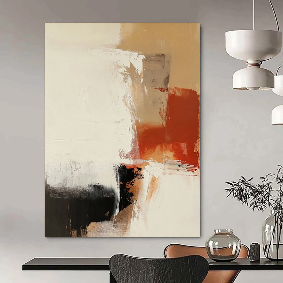 Large abstract painting features earthy tones and white space with thick brush strokes and a soft minimalistic aesthetic perfect for modern decor.STSC750