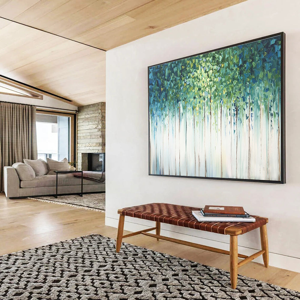 Forest Canopy Abstract Painting with Green, Blue, and White Tones THY206