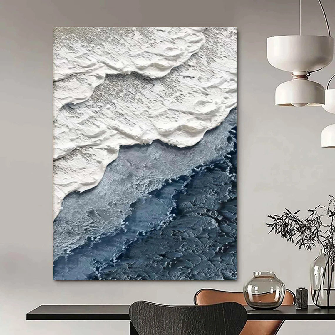 Gray and White Textured Wave Abstract Painting ADGE325