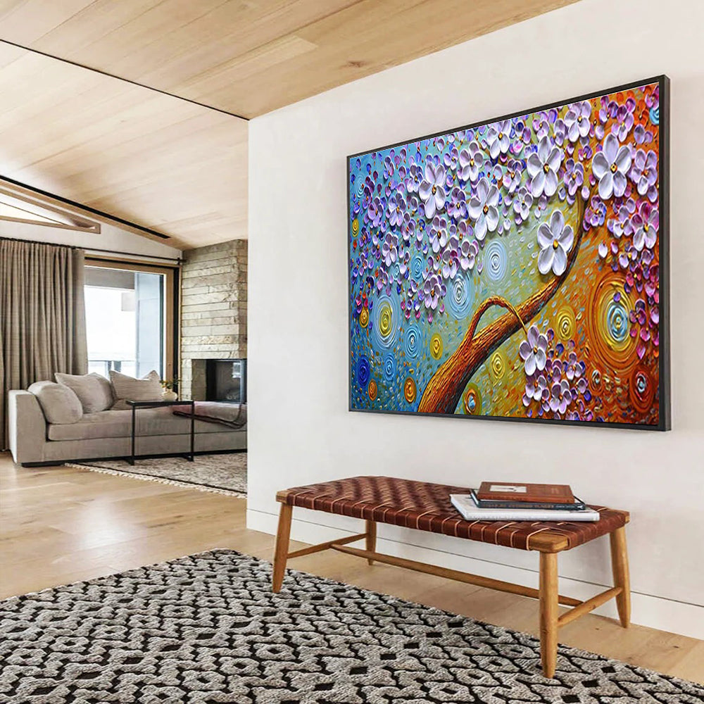 Starry Flower Tree Abstract Painting with Purple, Blue, and Gold Tones THY217