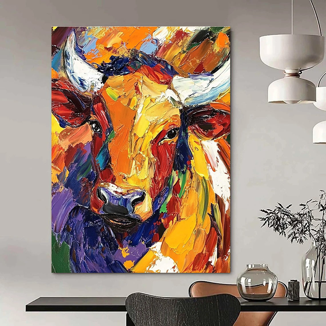 Large abstract oil painting of a colorful African bull with dynamic loose brush strokes showcasing vibrant artistry.STSC141