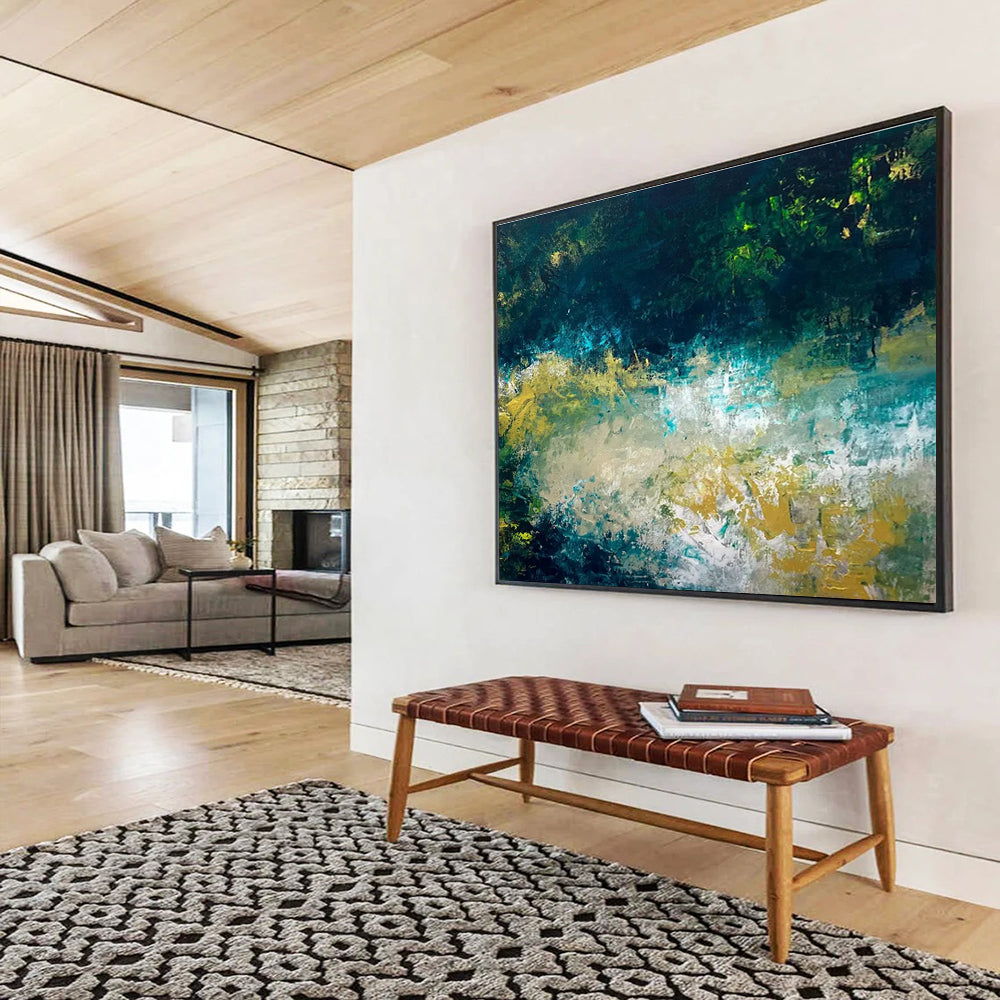 Teal Gold Abstract Painting with Dynamic Color Blends THY326