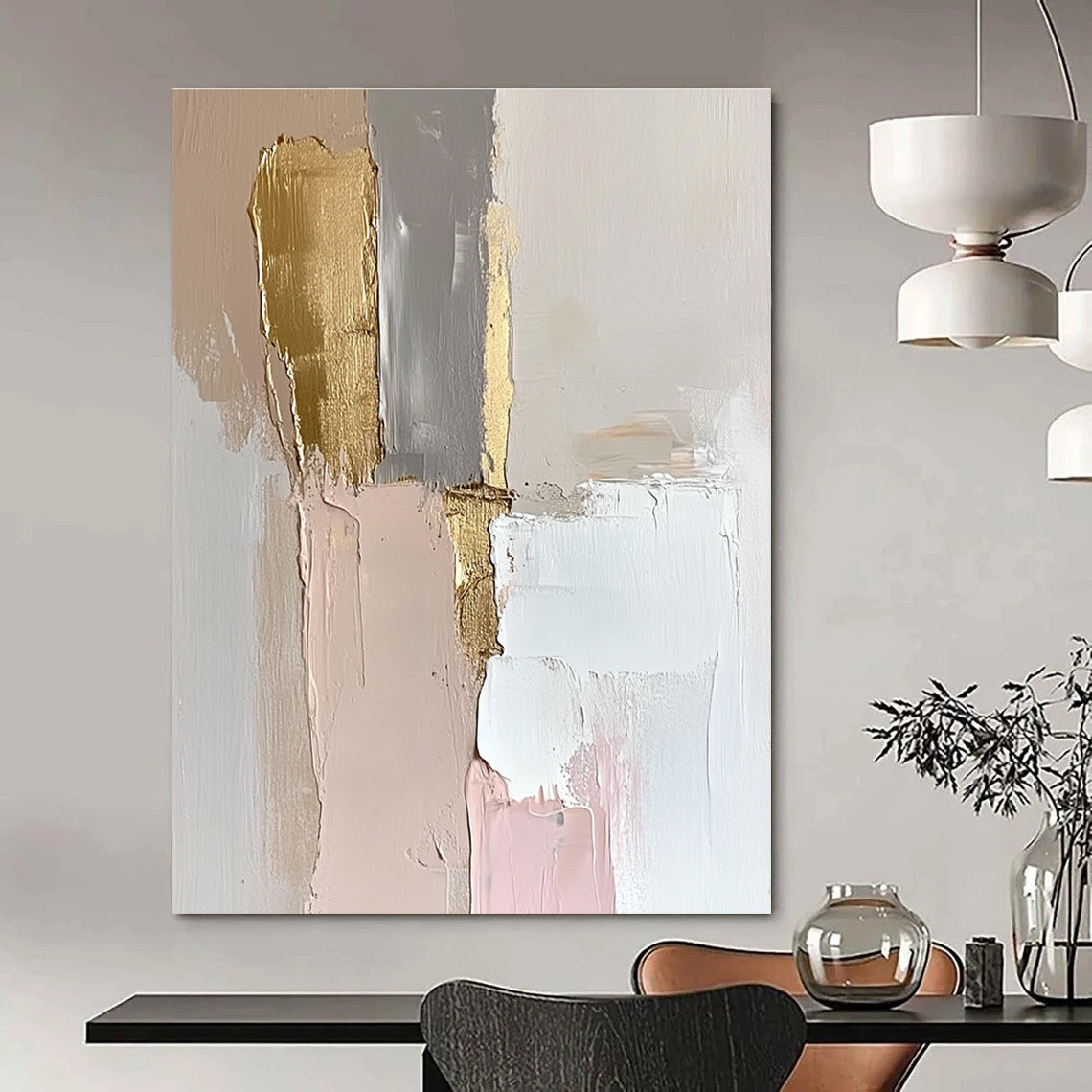 Large abstract oil painting featuring an elegant wall in white and gold with thick strokes and pastel tones enhanced by gold leaf accents.STSC147