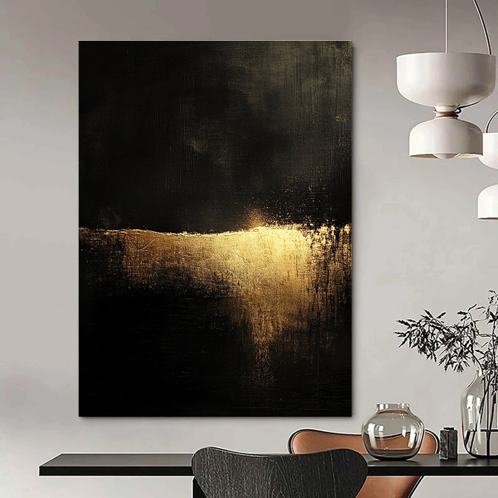 Abstract landscape featuring golden light on a dark textured ground in the style of John Harris with a minimalistic aesthetic.STSC075