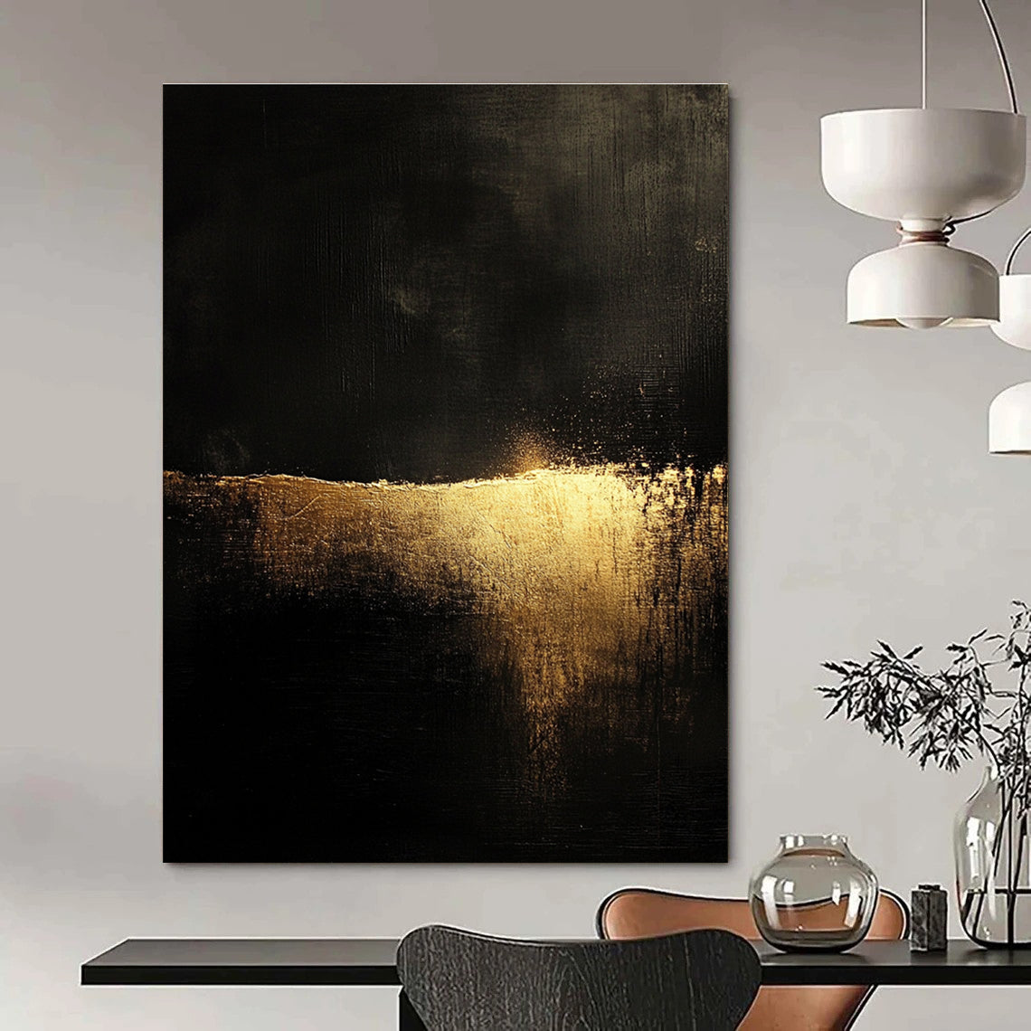 Abstract landscape featuring golden light on a dark textured ground in the style of John Harris with a minimalistic aesthetic.STSC075
