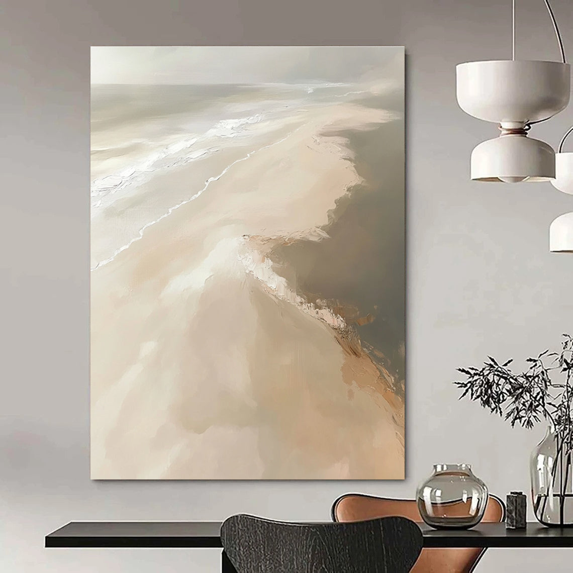 Large abstract painting depicting a sandy beach with soft tones and expressive brush strokes in a neutral color palette.STSC528