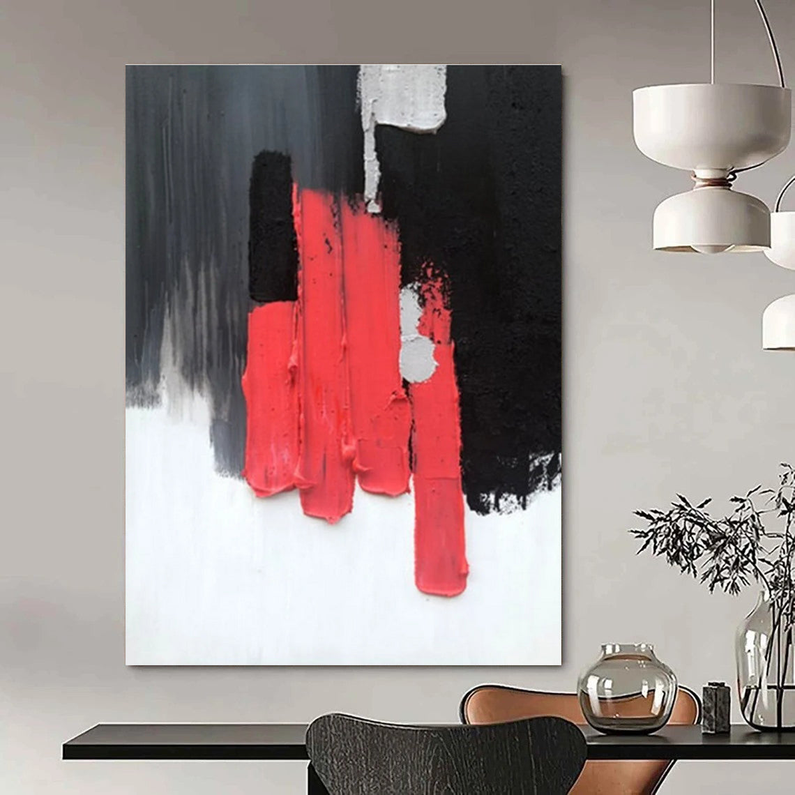 Red, Black, and Gray Textured Abstract Painting with Vertical Forms ADGE394