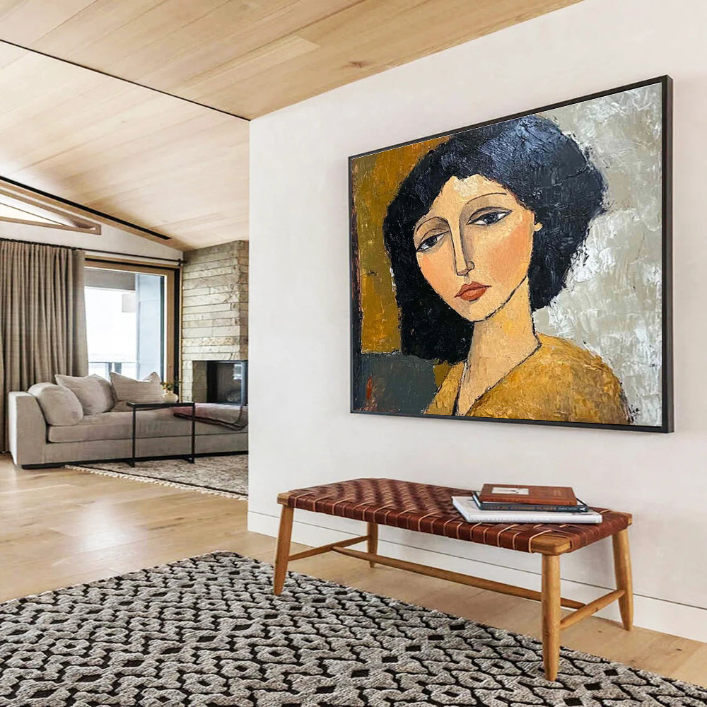 Stylized Portrait Abstract Painting with Simplified Forms and Earth Tones THY248