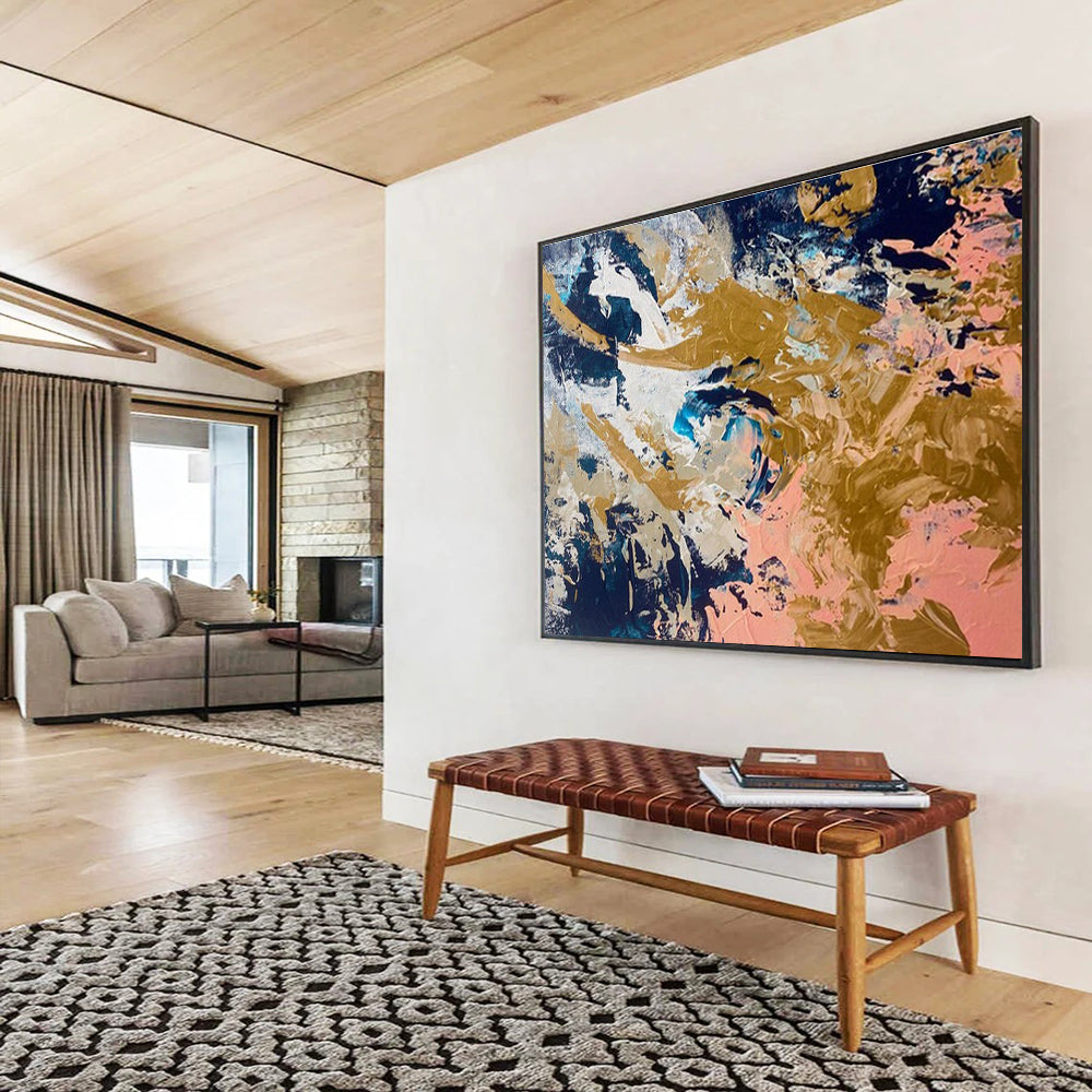 Navy Gold Pink Abstract Painting with Opulent, Contrasting Hues THY381
