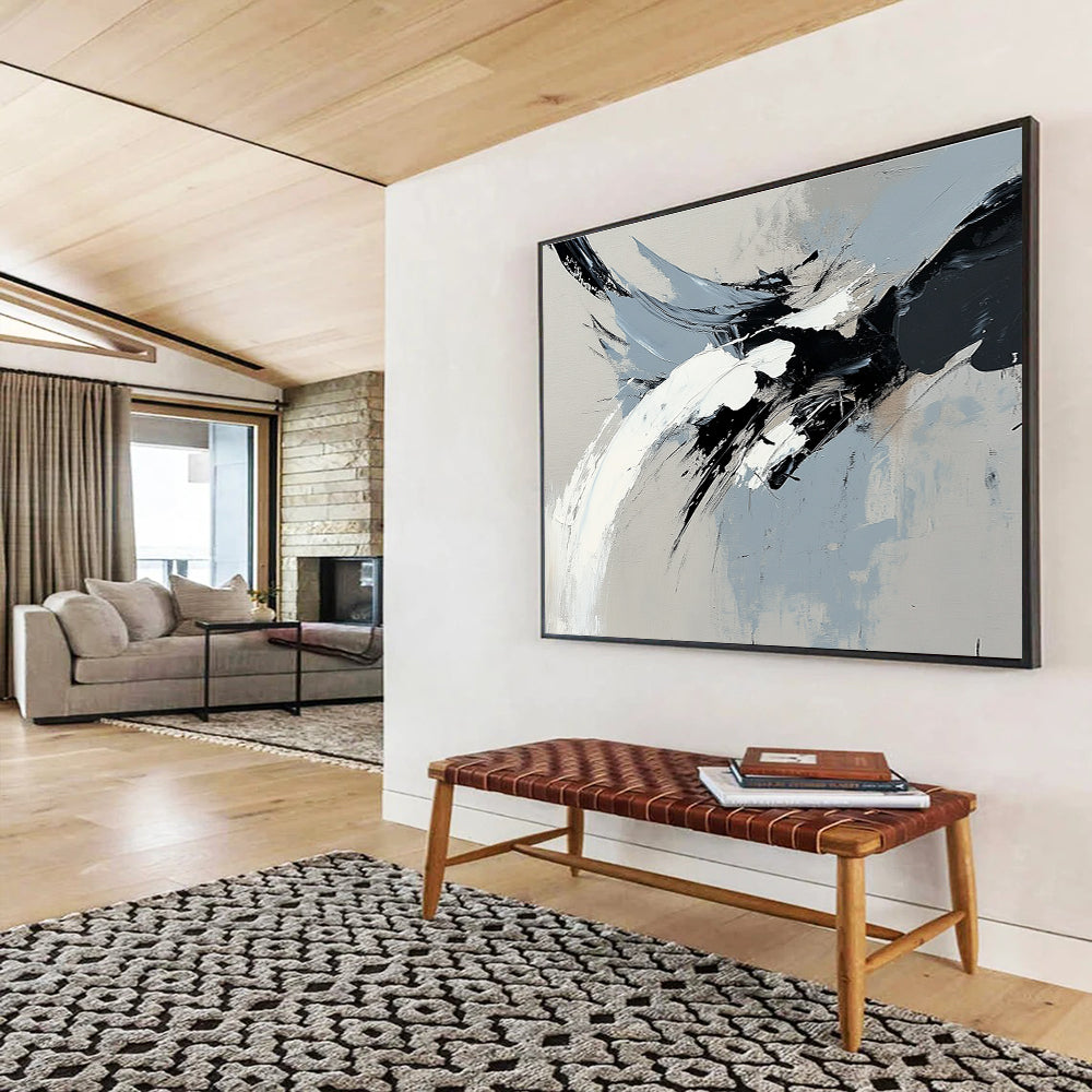 Black and White Abstract Painting with Dynamic Brushstrokes DYP387