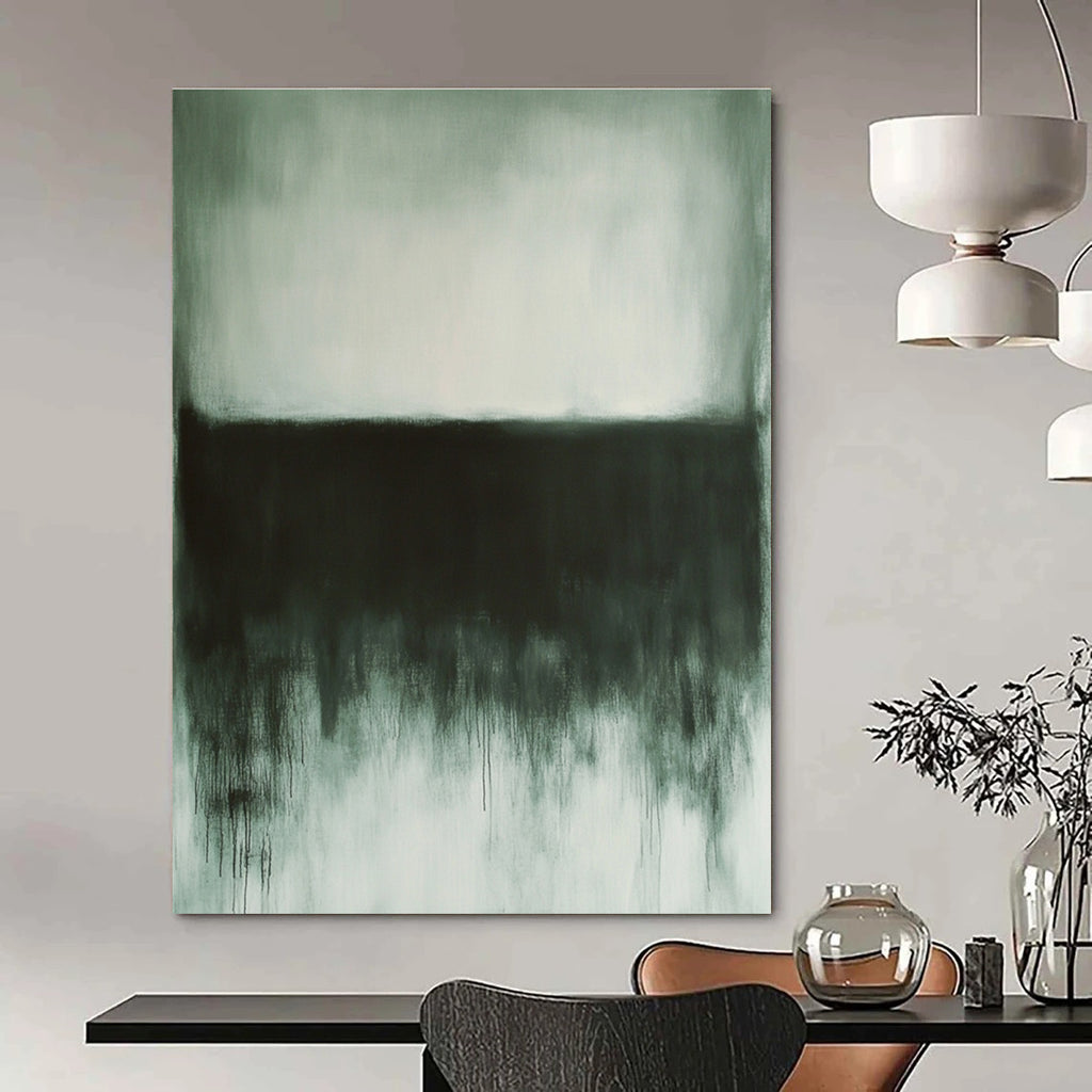 Large abstract painting in gray and white tones evoking calmness with dark gray and light green elements and textured details in the corner.STSC757