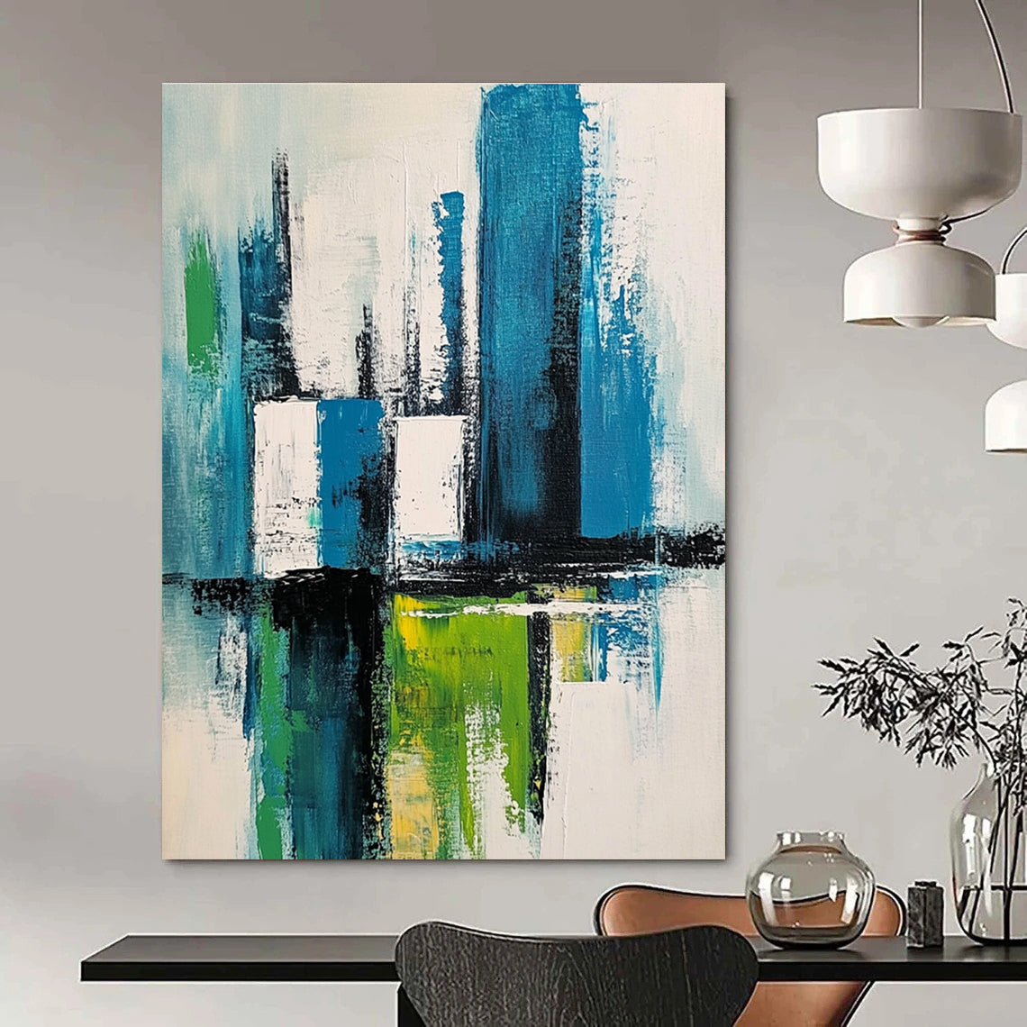 Large abstract painting of a cityscape in blue green and white with thick expressive brush strokes and a minimalistic style.STSC281